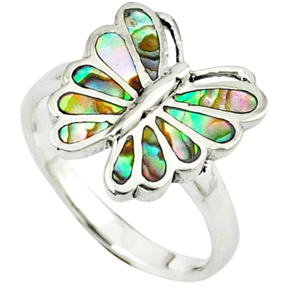 Green abalone paua seashell enamel 925 silver butterfly ring size 6.5 a38527