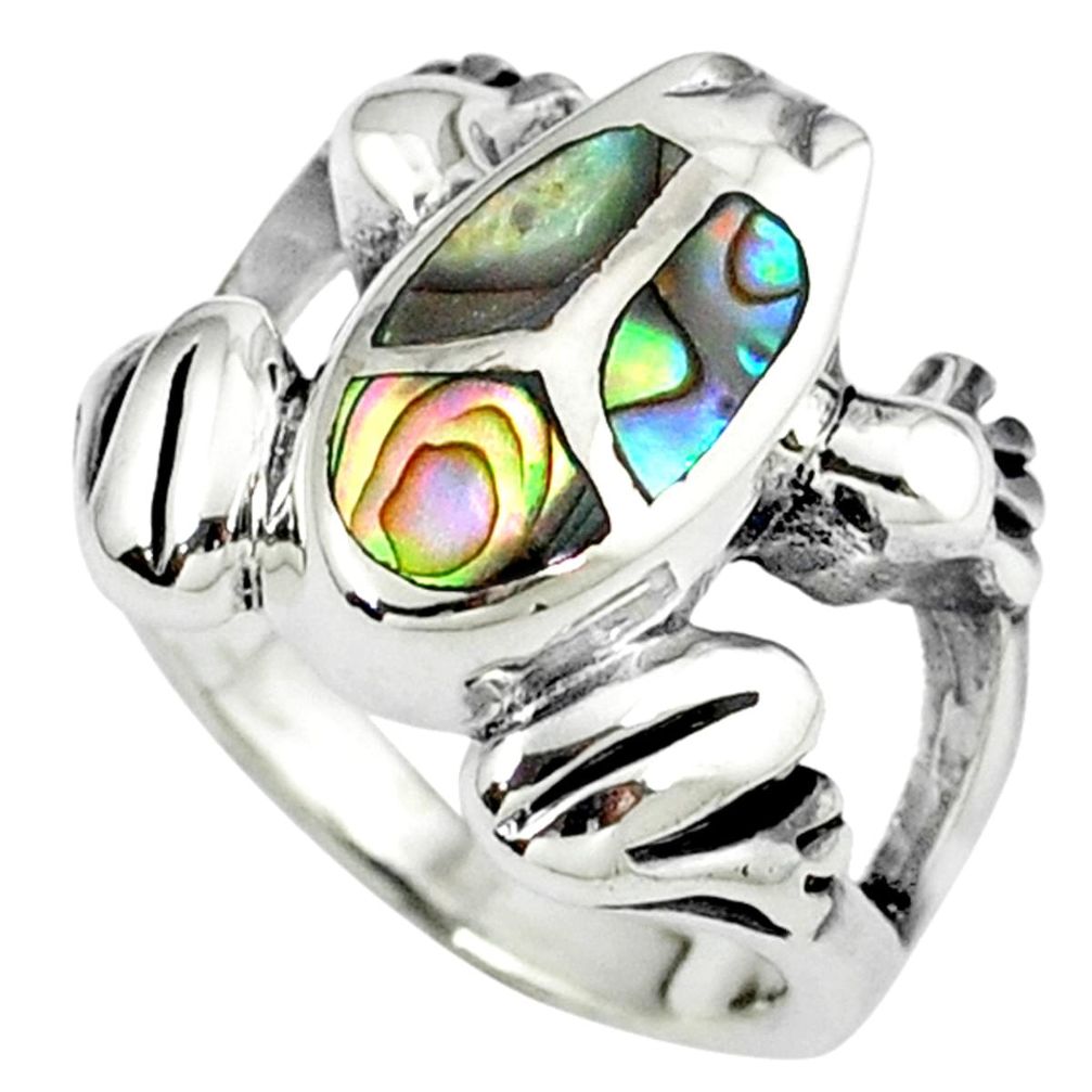 Green abalone paua seashell enamel 925 silver frog ring size 5.5 a38539