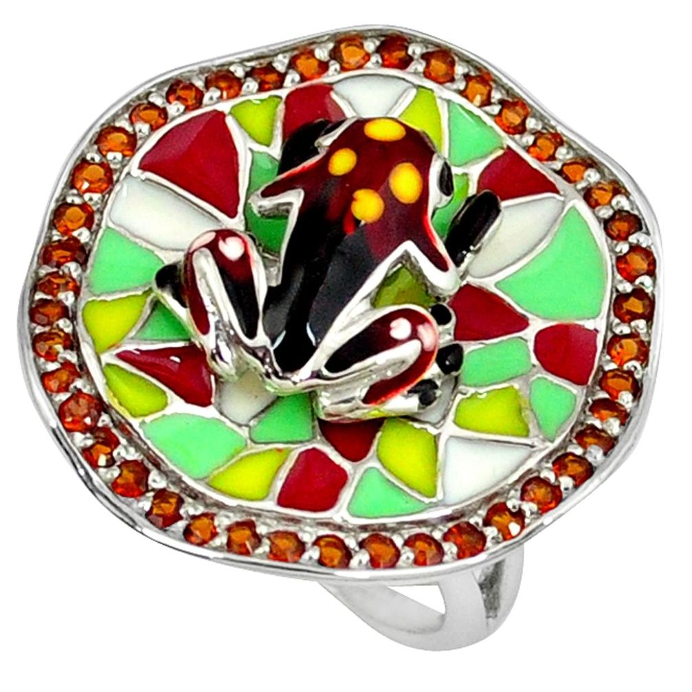 Red garnet quartz enamel 925 sterling silver frog ring jewelry size 7 a39432