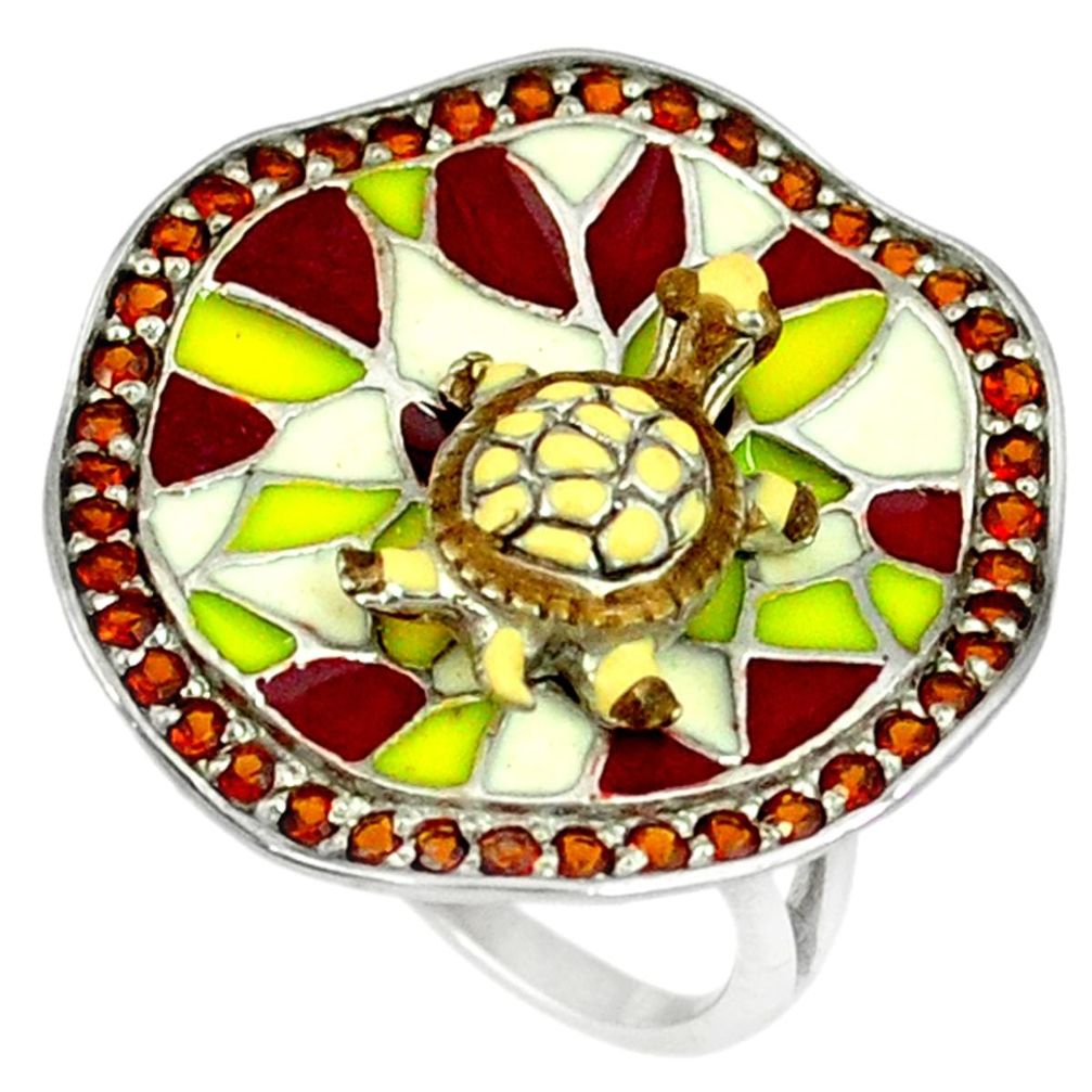 925 silver red garnet quartz enamel tortoise ring jewelry size 6.5 a39433