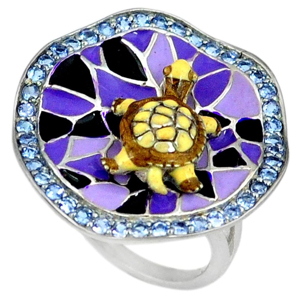 Purple amethyst quartz multi color enamel 925 silver tortoise ring size 9 a39434