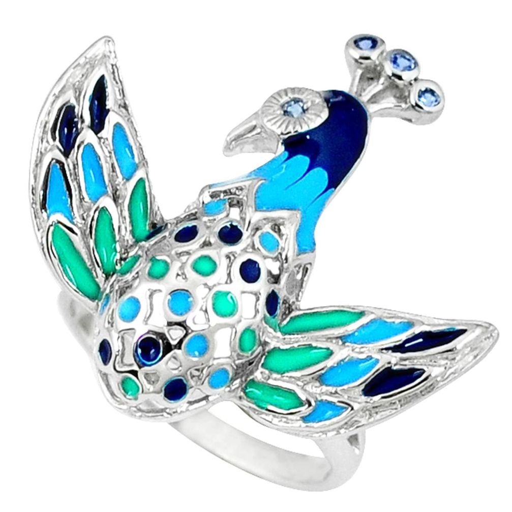 Natural white topaz enamel 925 silver peacock ring jewelry size 8 a39439