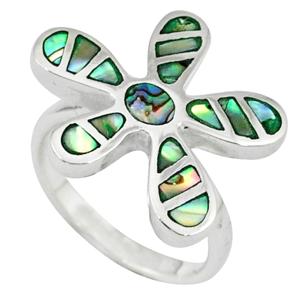 Green abalone paua seashell 925 silver flower ring jewelry size 6.5 a39869