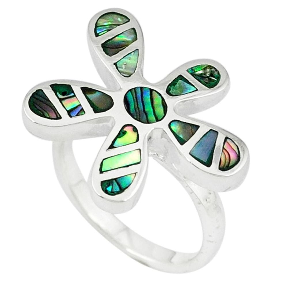 Green abalone paua seashell 925 silver flower ring jewelry size 7 a39879