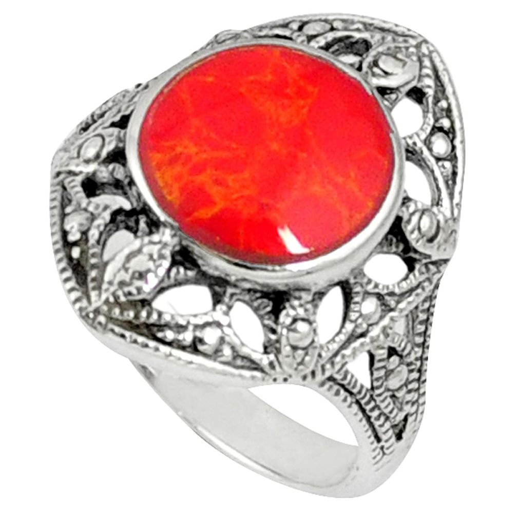 Red coral round shape 925 sterling silver ring jewelry size 7.5 a40039