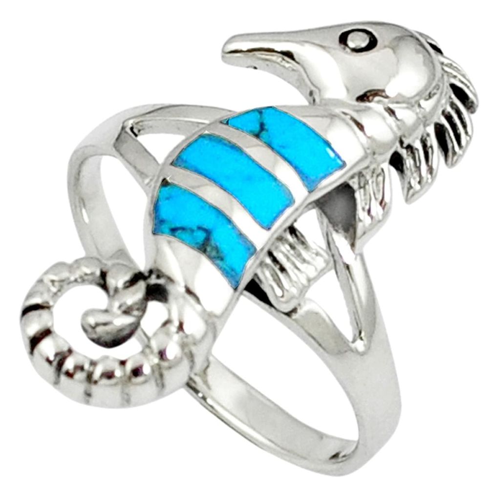 Clearance Sale-Fine blue turquoise enamel 925 sterling silver seahorse ring size 8.5 a40063