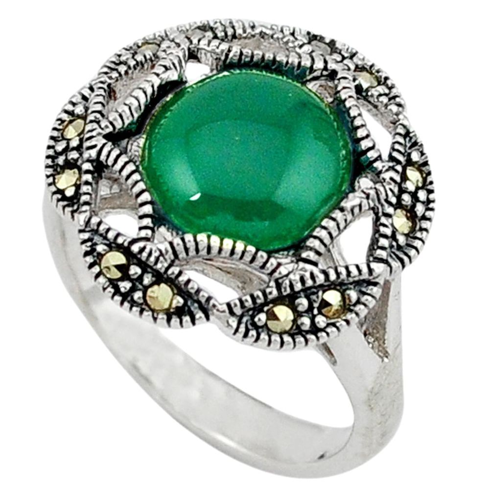 Natural green chalcedony swiss marcasite 925 silver ring size 8.5 a40866