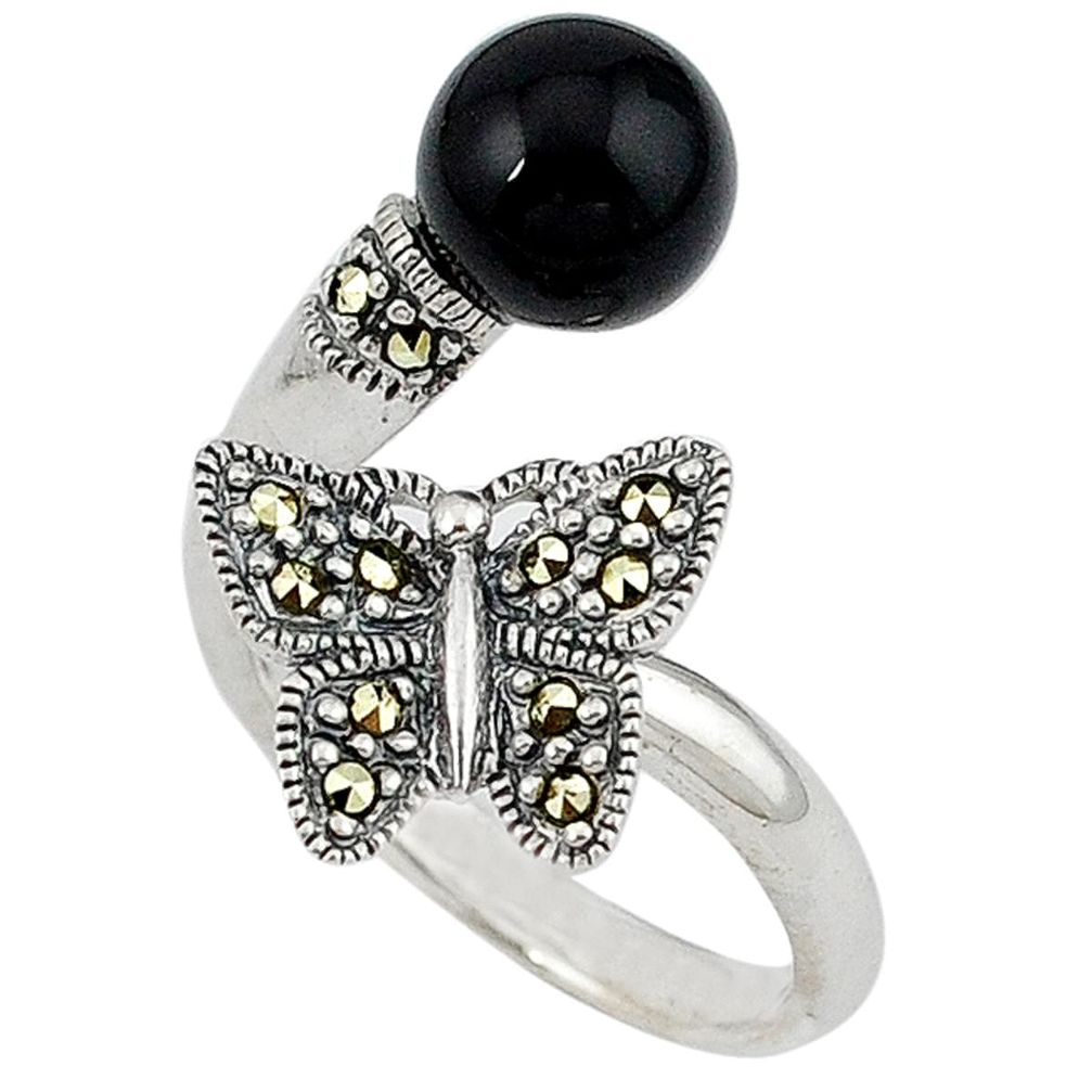 Natural onyx fine marcasite 925 silver adjustable butterfly ring size 7.5 a40886