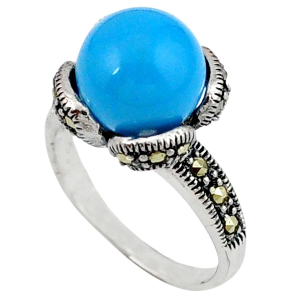 Natural blue magnesite marcasite 925 sterling silver ring size 7.5 a40888