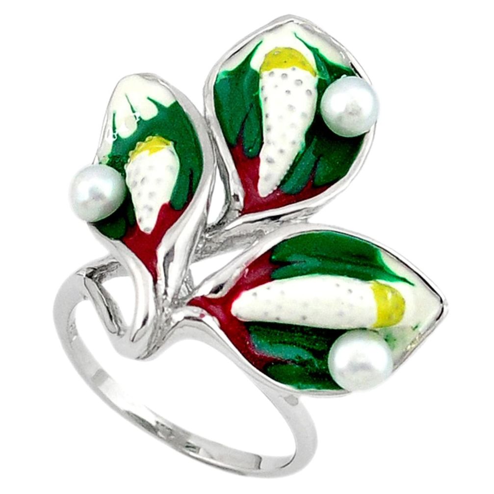 925 sterling silver natural white pearl round enamel ring size 7 a40933