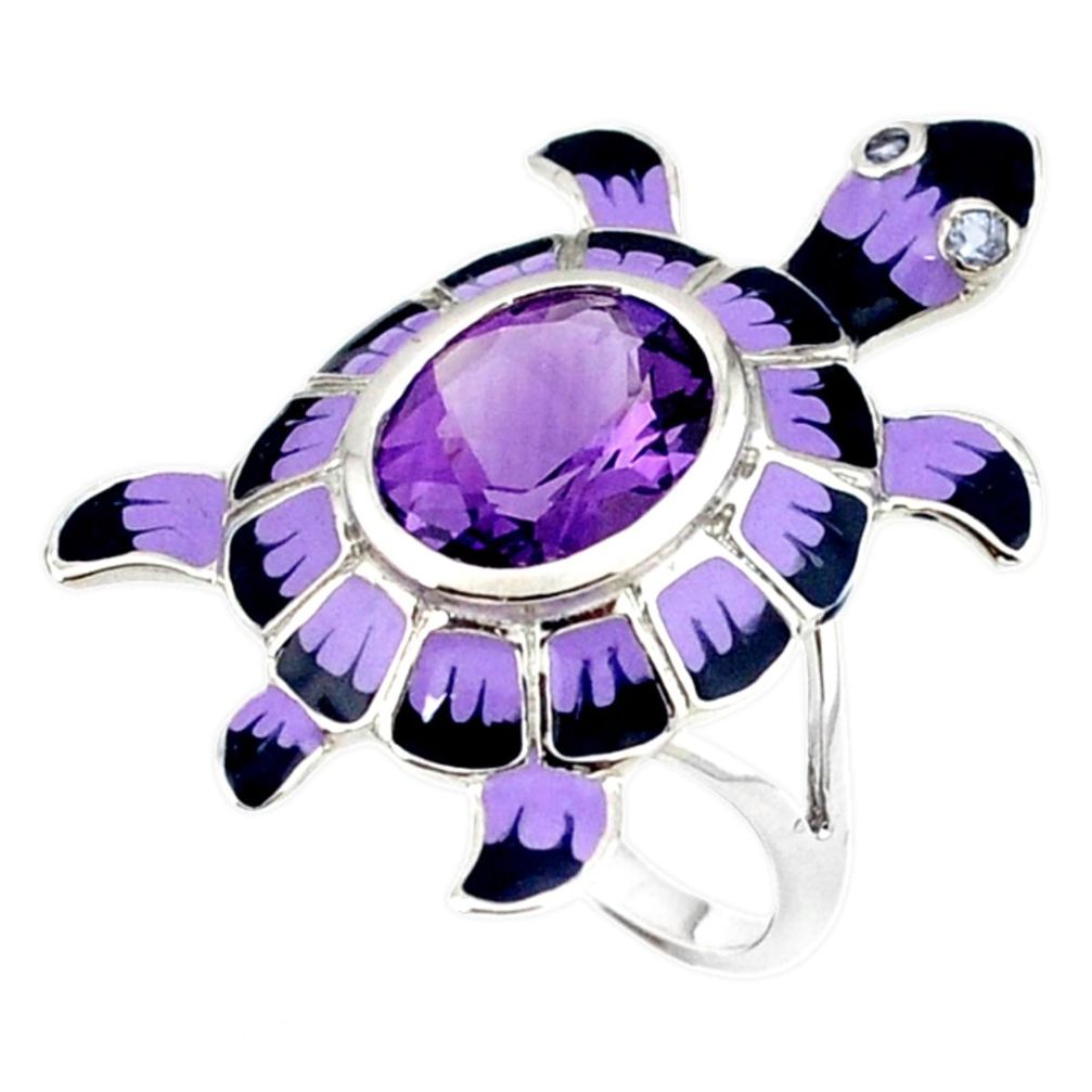 Natural purple amethyst oval enamel 925 silver tortoise ring size 8.5 a40947