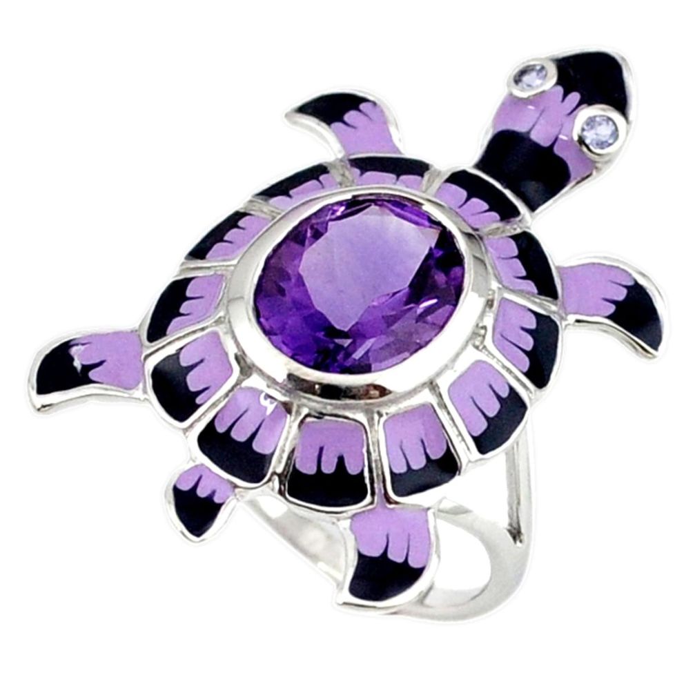 Natural purple amethyst oval enamel 925 silver tortoise ring size 7.5 a40956