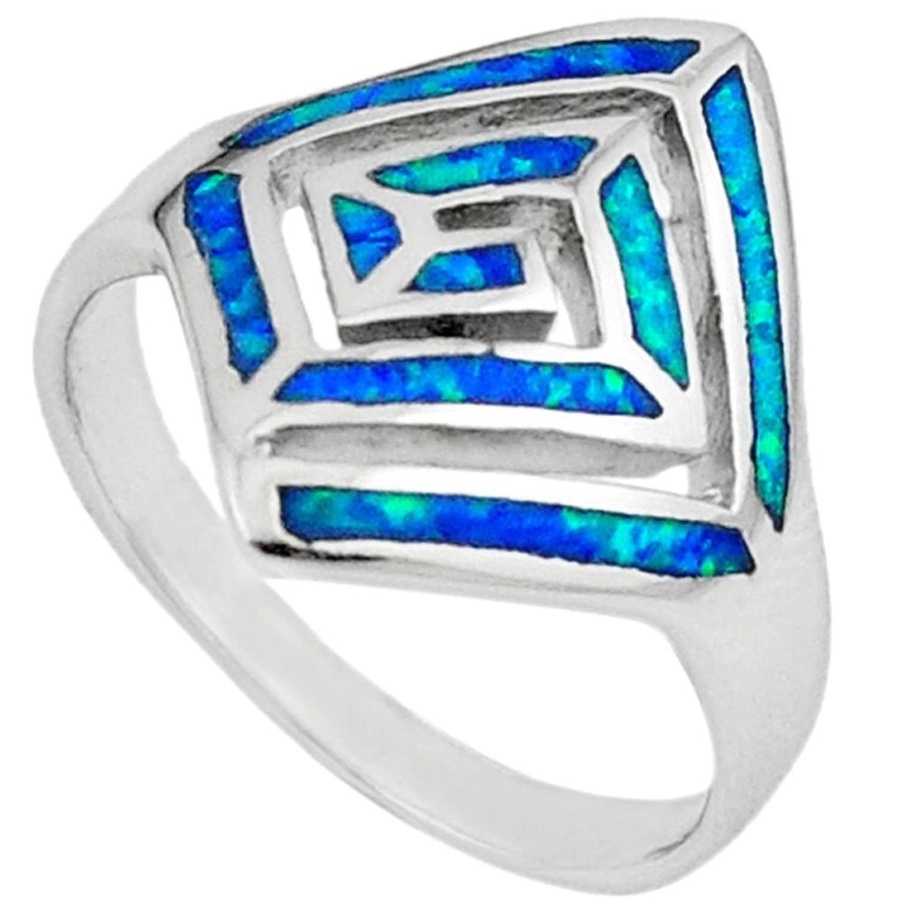 Blue australian opal (lab) enamel 925 sterling silver ring size 8.5 a41102