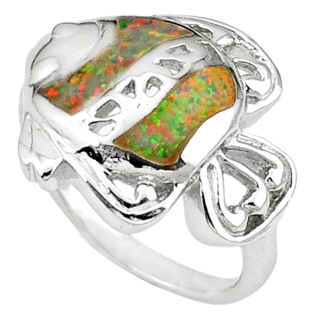 Pink australian opal (lab) enamel 925 silver fish ring jewelry size 7 a41112