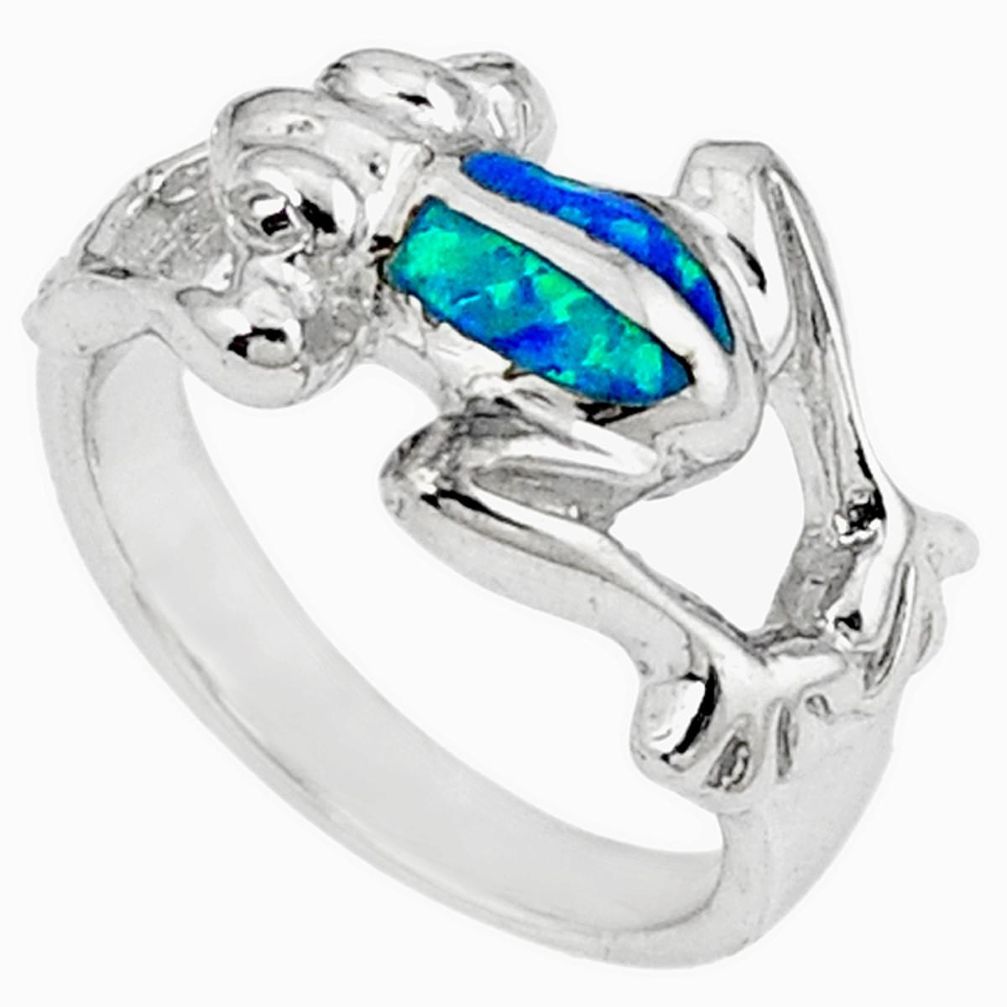 925 sterling silver blue australian opal (lab) enamel frog ring size 5.5 a41124