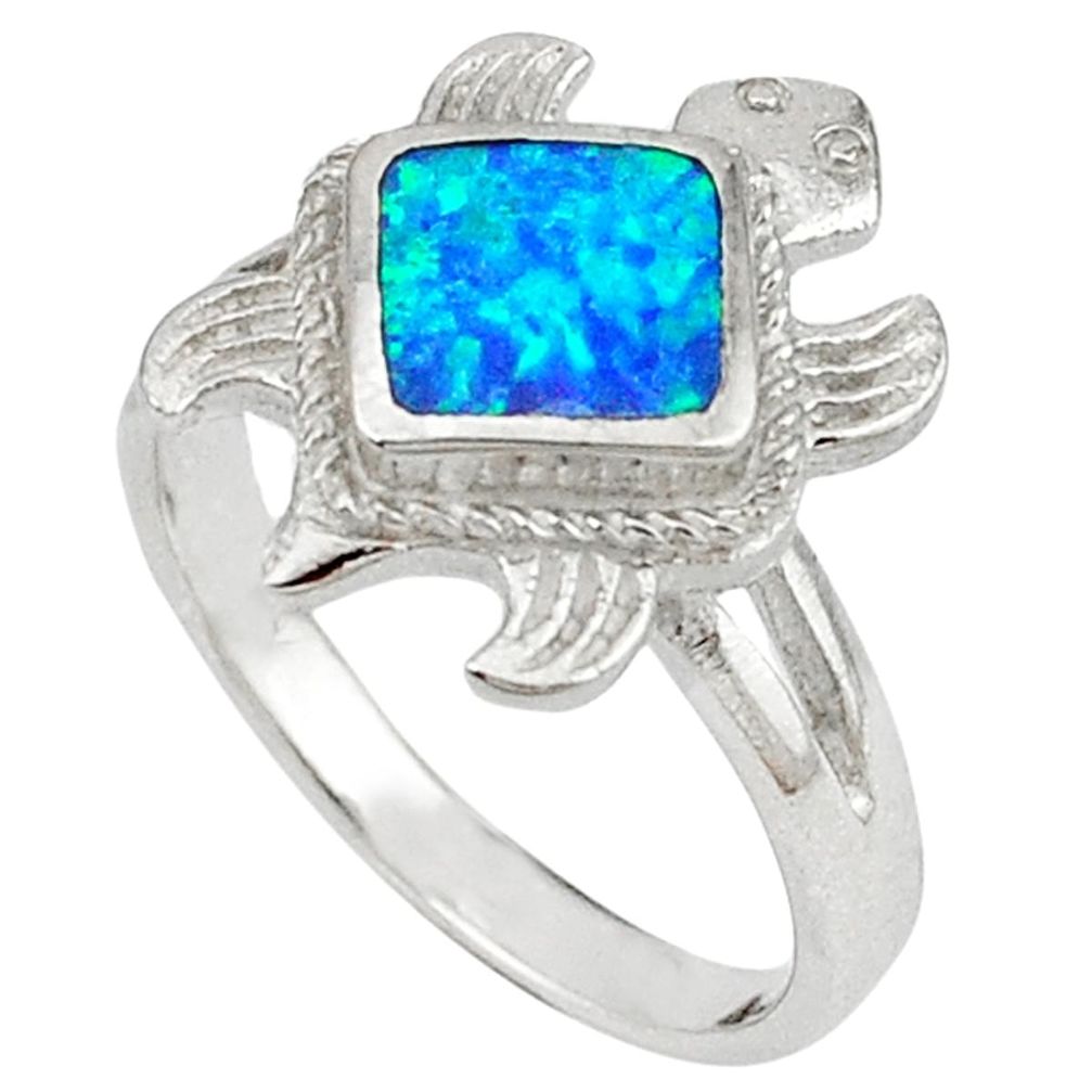 Blue australian opal (lab) 925 silver tortoise ring jewelry size 8.5 a41148