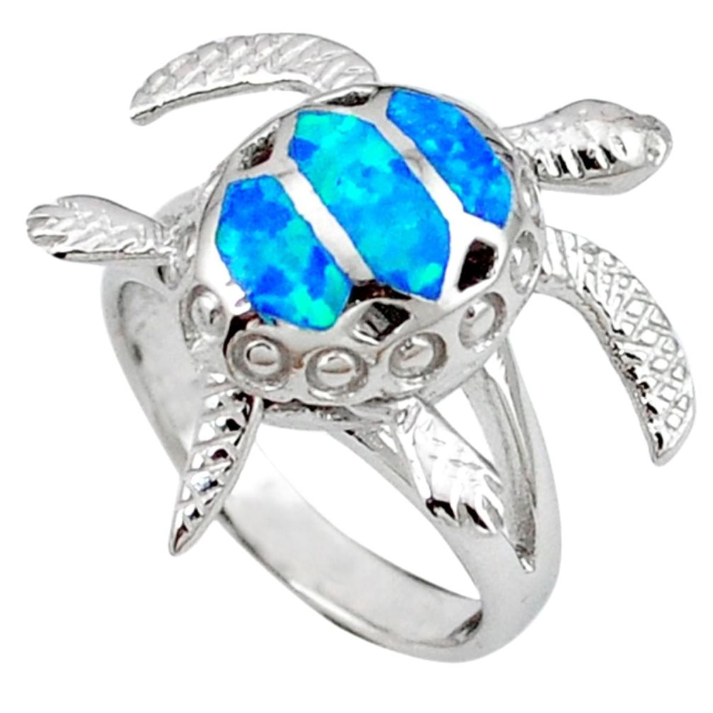 Blue australian opal (lab) 925 silver tortoise ring jewelry size 6.5 a41156