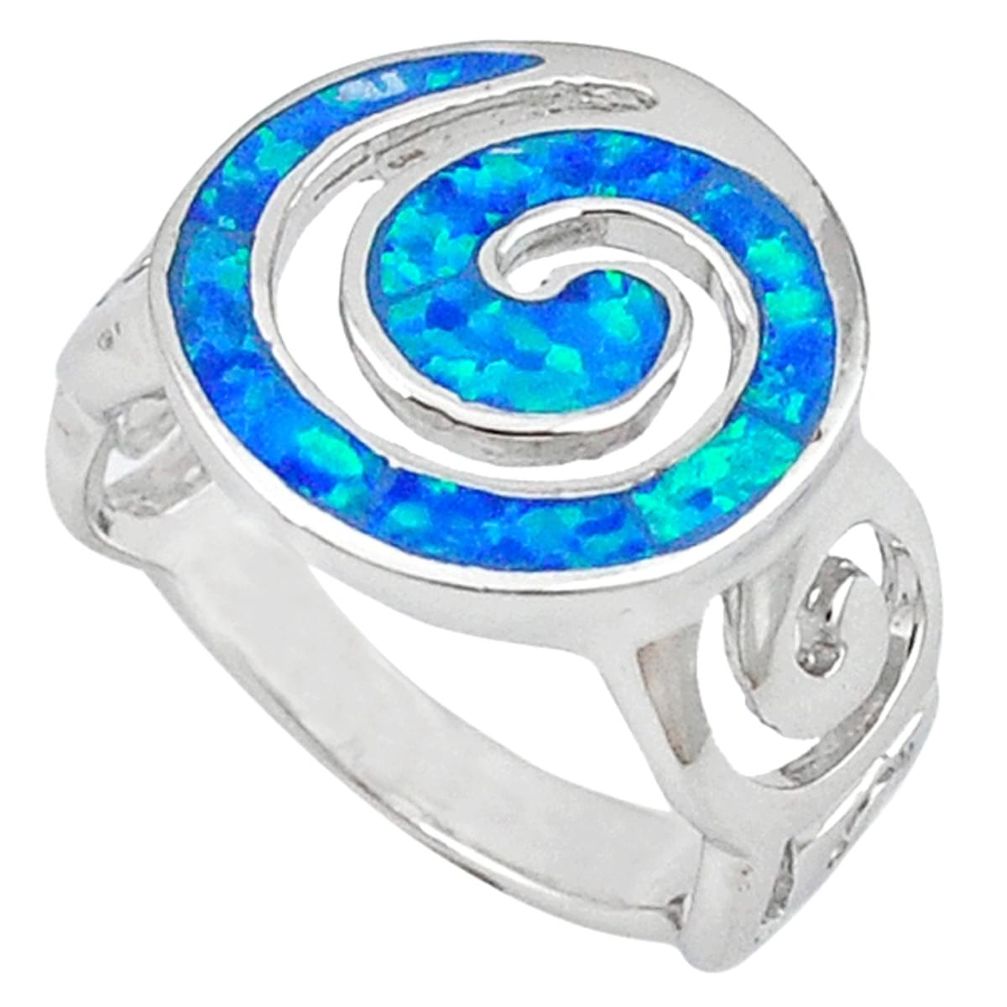 Blue australian opal (lab) enamel 925 sterling silver ring size 7 a41161