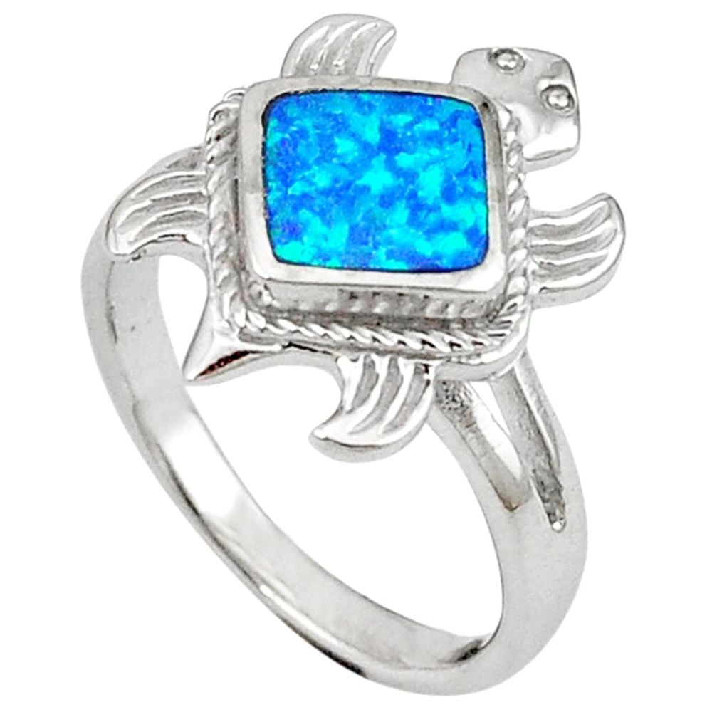 Blue australian opal (lab) 925 silver tortoise ring jewelry size 7.5 a41170