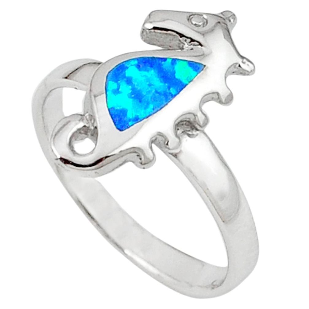 Blue australian opal (lab) 925 silver seahorse ring size 6.5 a41174