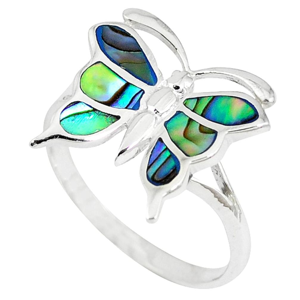 Green abalone paua seashell 925 silver butterfly ring jewelry size 9 a41718