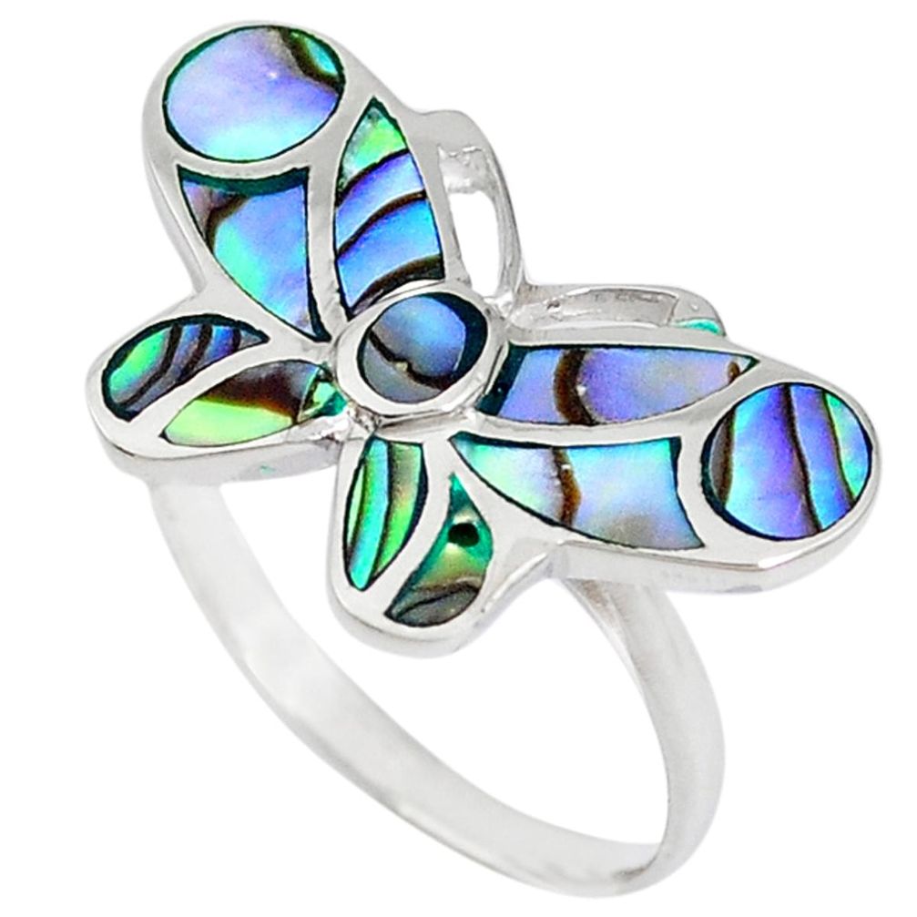 Green abalone paua seashell 925 silver butterfly ring jewelry size 7.5 a41770