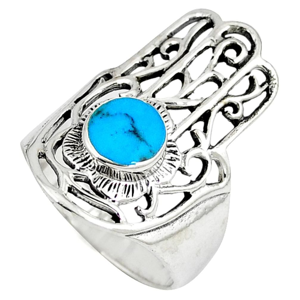 Fine blue turquoise 925 silver hand of god hamsa ring size 6 a41886