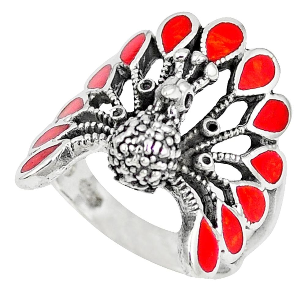 Red coral enamel 925 sterling silver peacock ring jewelry size 7.5 a41919