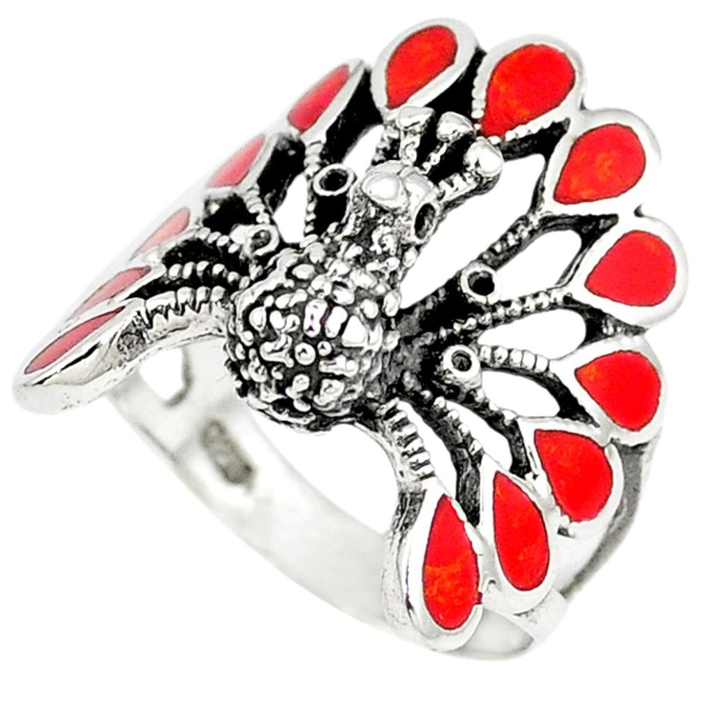 Red coral enamel 925 sterling silver peacock ring size 7.5 a41931