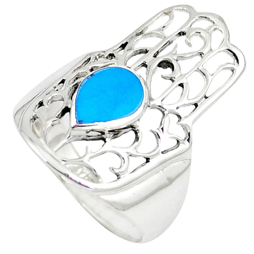 Fine blue turquoise 925 silver hand of god hamsa ring jewelry size 7 a41939