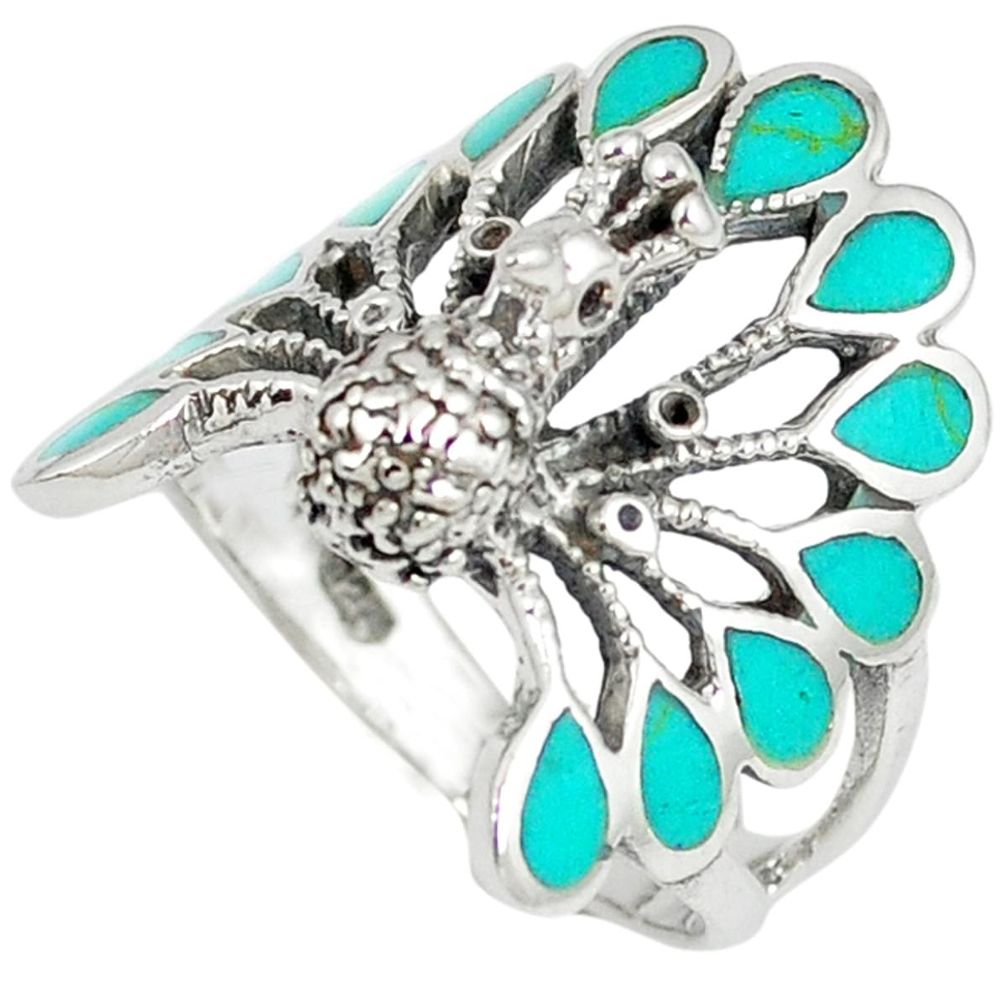 925 sterling silver fine green turquoise enamel peacock ring size 7.5 a41947