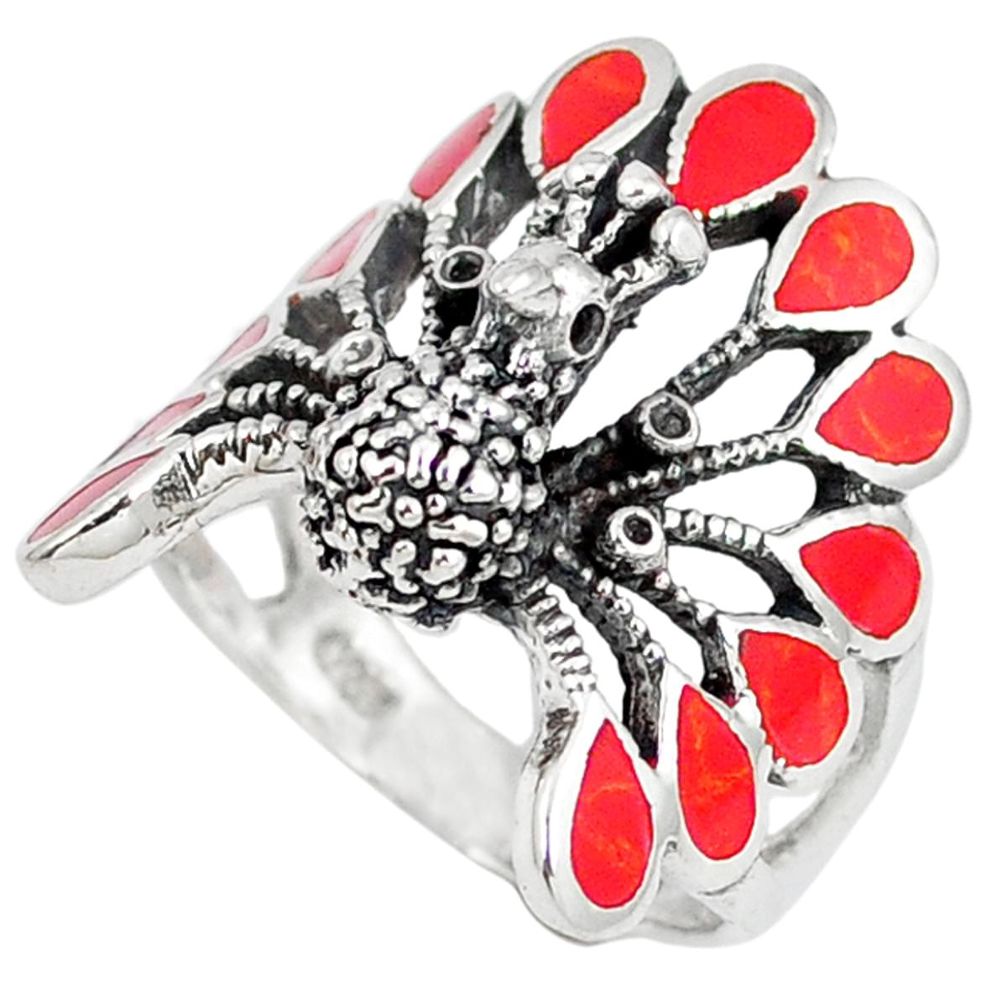 925 sterling silver red coral enamel peacock ring jewelry size 6.5 a42016