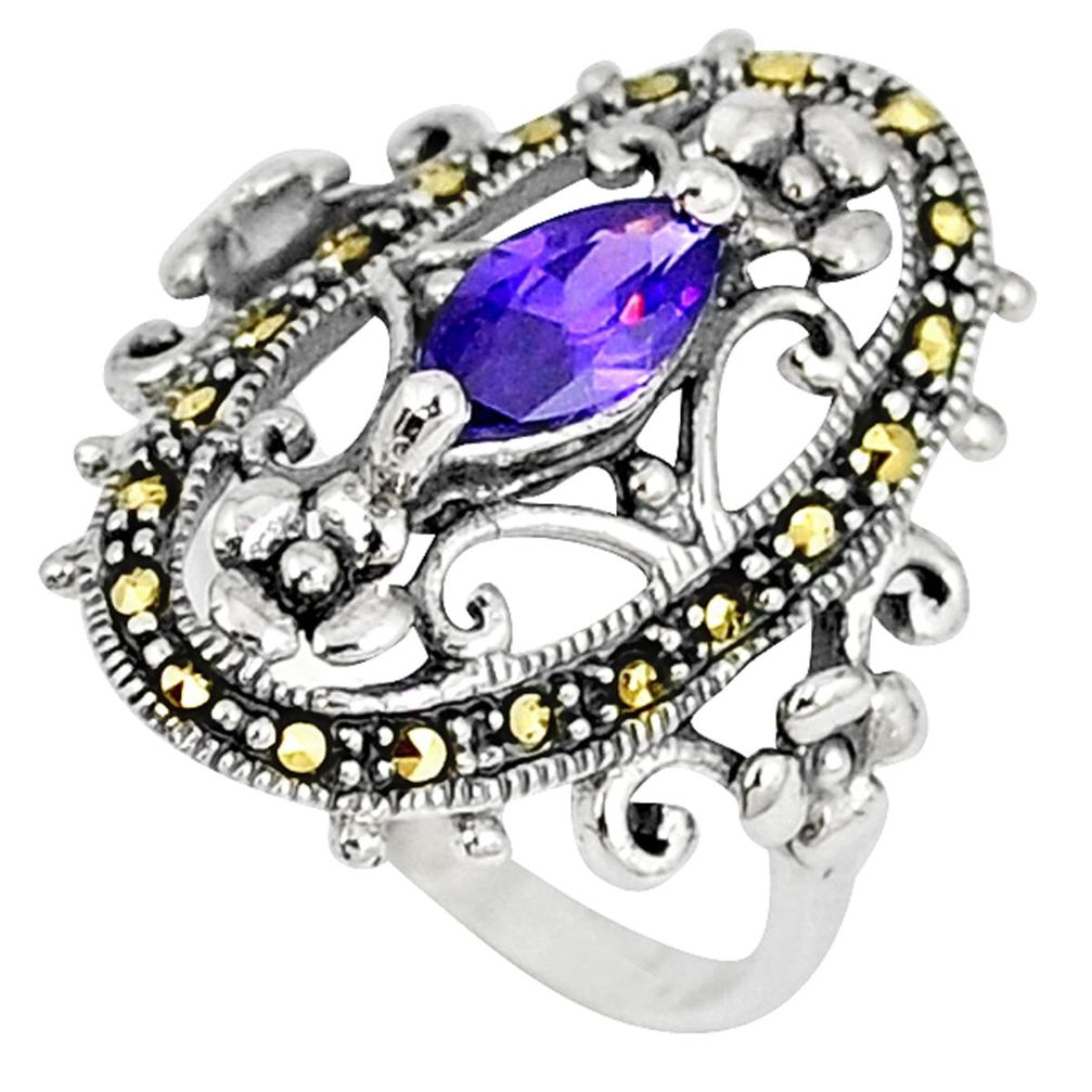 Natural purple amethyst swiss marcasite 925 silver ring size 6.5 a42466