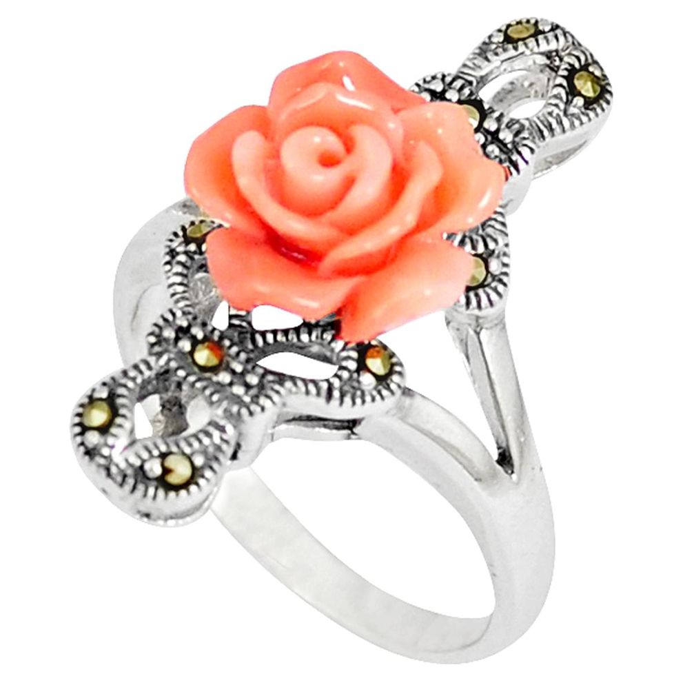 Fine marcasite pink enamel 925 sterling silver flower ring size 6.5 a42487