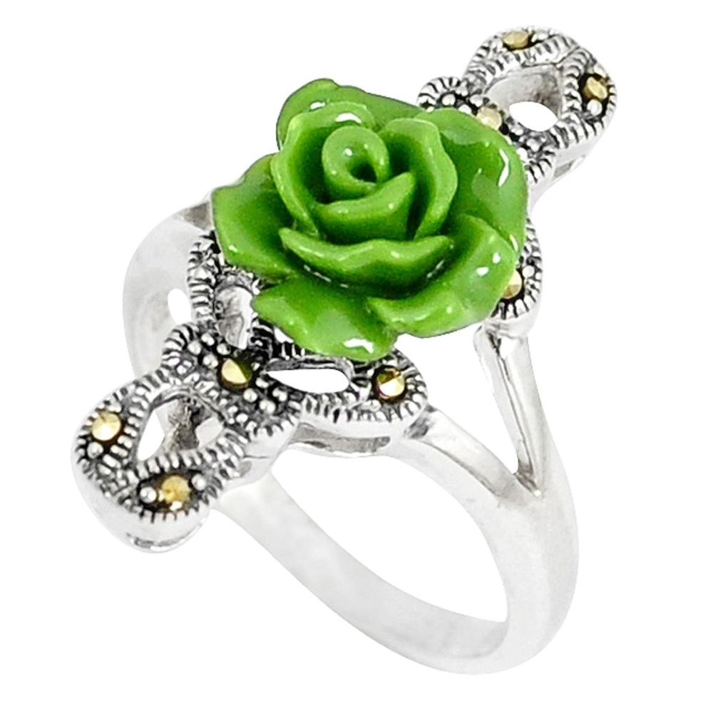 925 sterling silver fine marcasite green enamel flower ring size 6.5 a42488