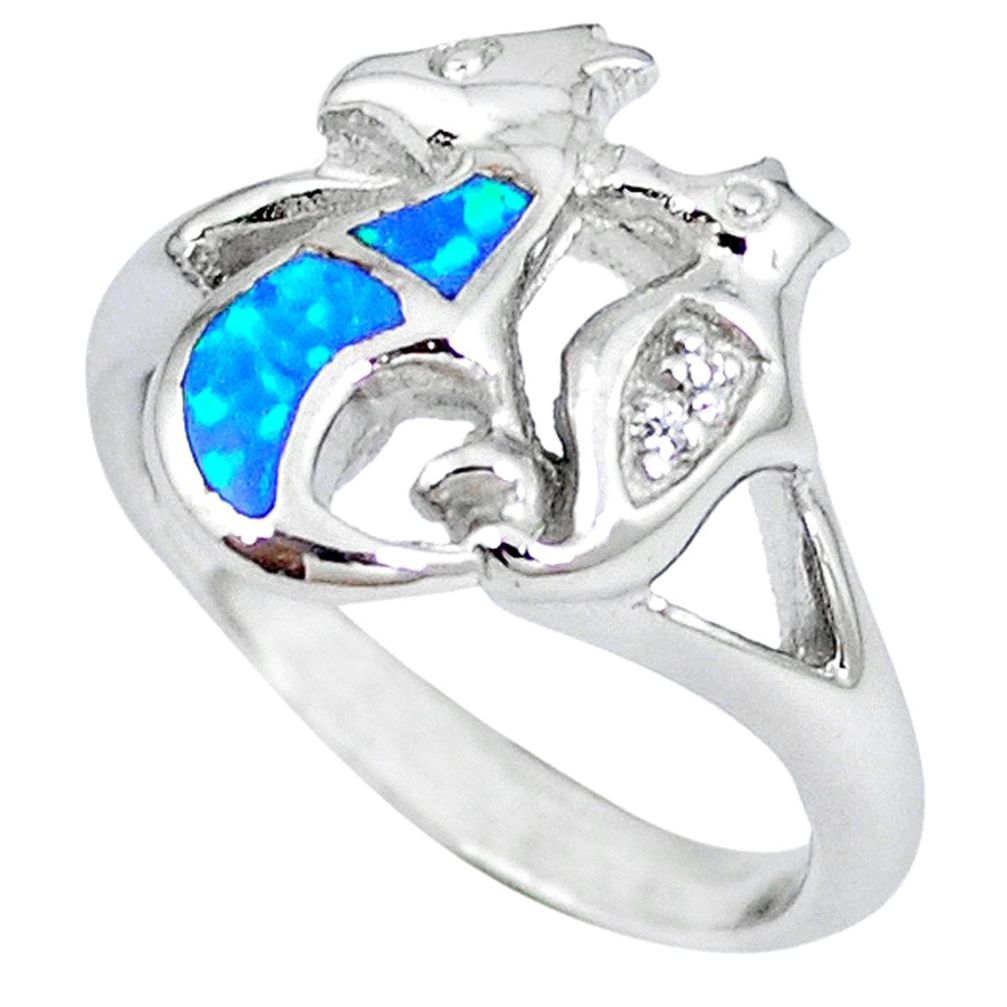 Blue australian opal (lab) 925 silver seahorse ring jewelry size 8.5 a42966