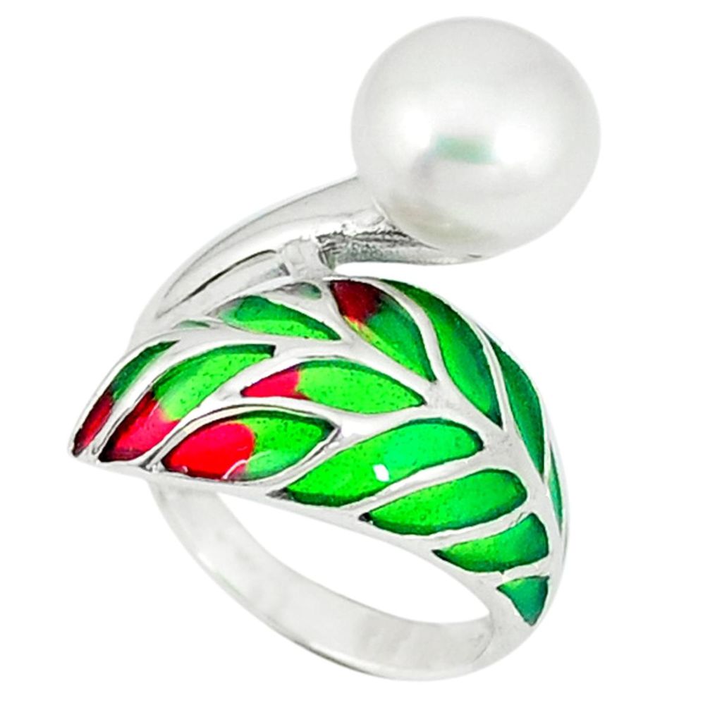 Natural white pearl multi color enamel 925 sterling silver ring size 6.5 a43076