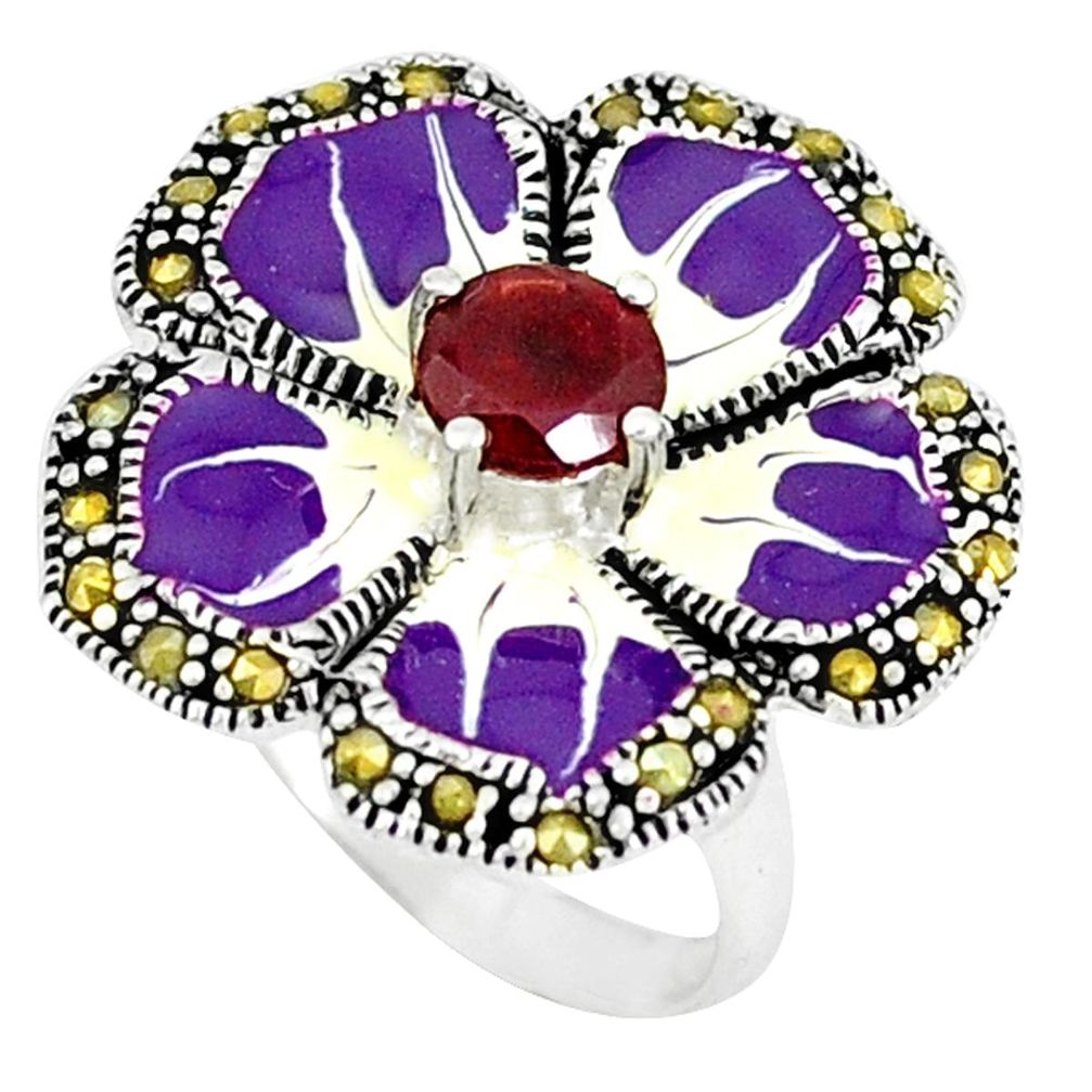 Natural red garnet marcasite 925 silver flower ring jewelry size 7.5 a43322