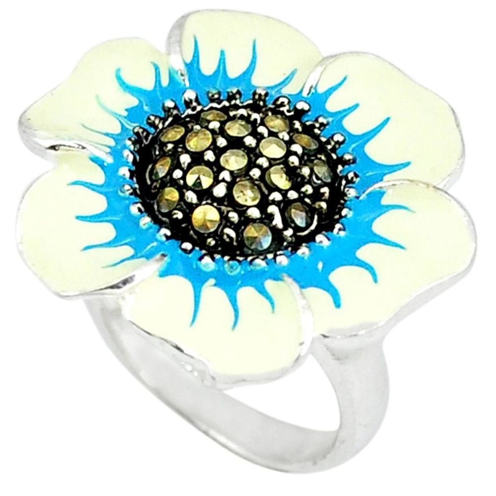 Marcasite multi color enamel 925 sterling silver flower ring size 6.5 a43387