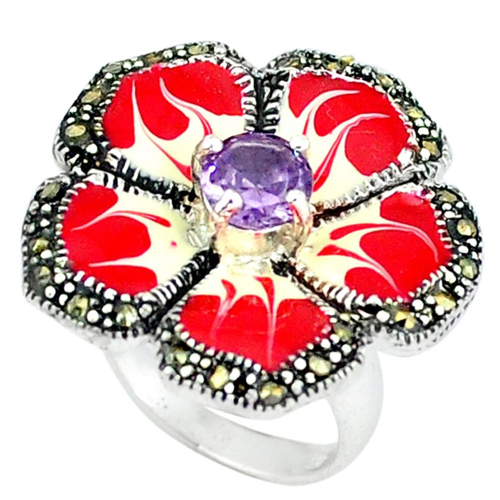 925 silver fine natural purple amethyst marcasite enamel ring size 6.5 a43393