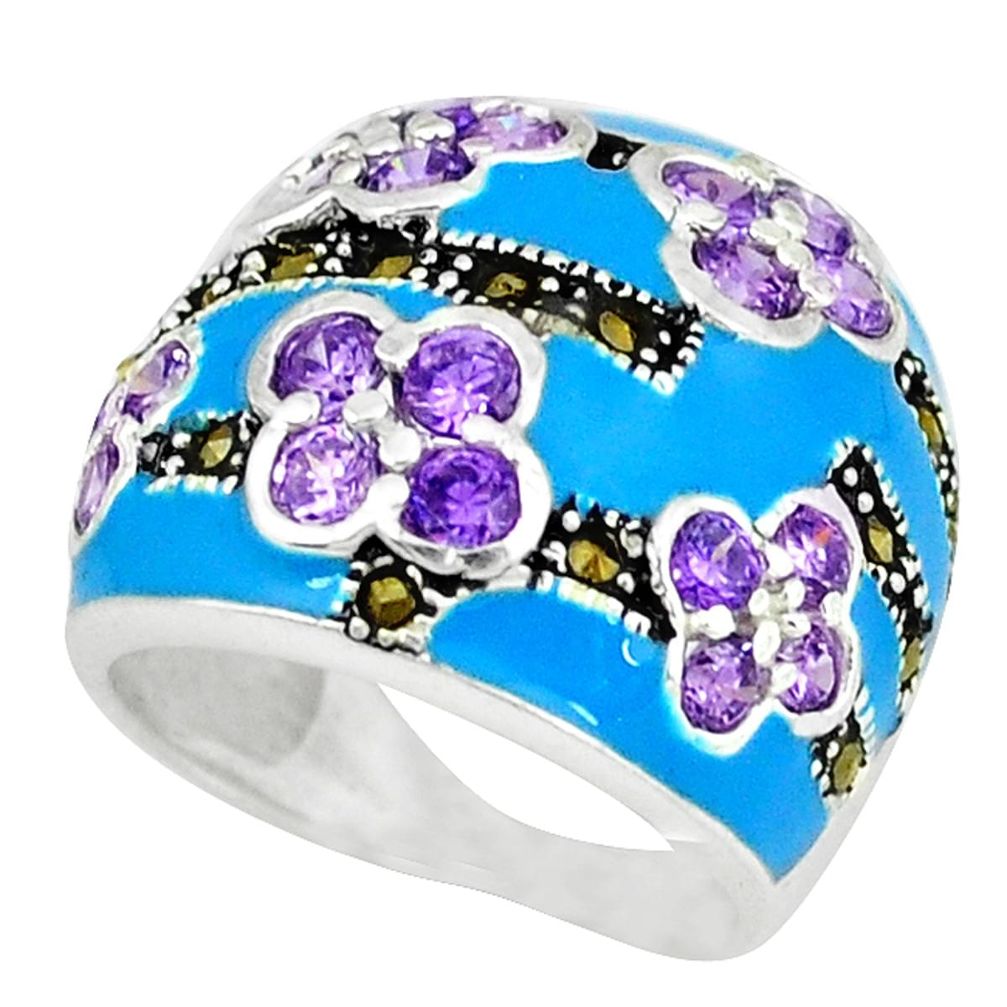 Natural purple amethyst marcasite enamel 925 silver ring size 7 a43402