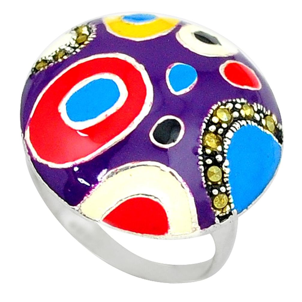 925 sterling silver marcasite multi color enamel ring jewelry size 7 a43414