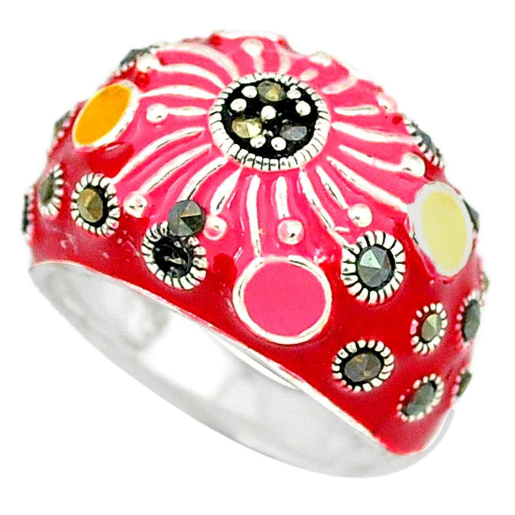 925 sterling silver marcasite multi color enamel ring jewelry size 6.5 a43491