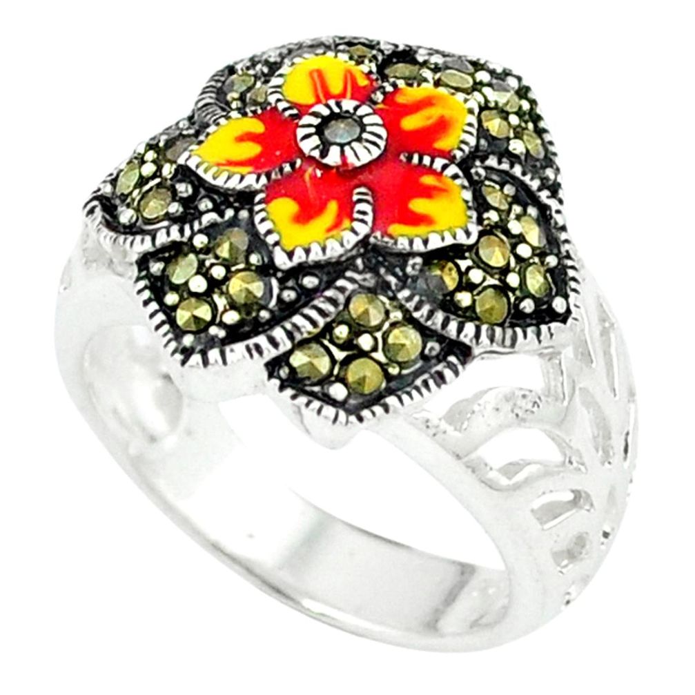 Marcasite multi color enamel 925 sterling silver ring jewelry size 7.5 a43528
