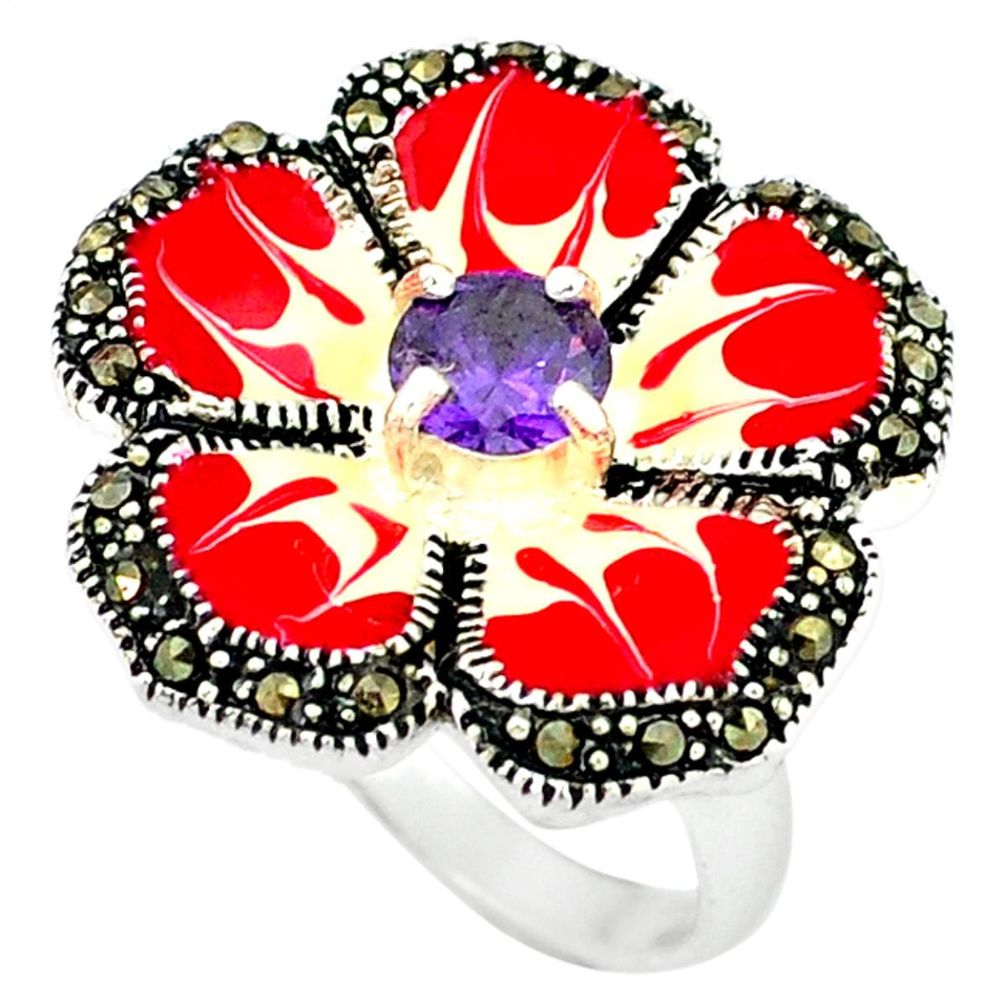 Natural purple amethyst marcasite enamel 925 silver flower ring size 5.5 a43576