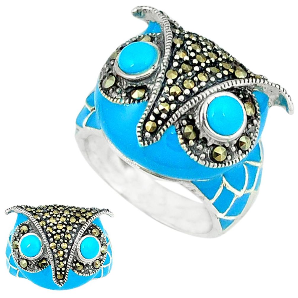 Blue sleeping beauty turquoise marcasite 925 silver owl ring size 6.5 a43838