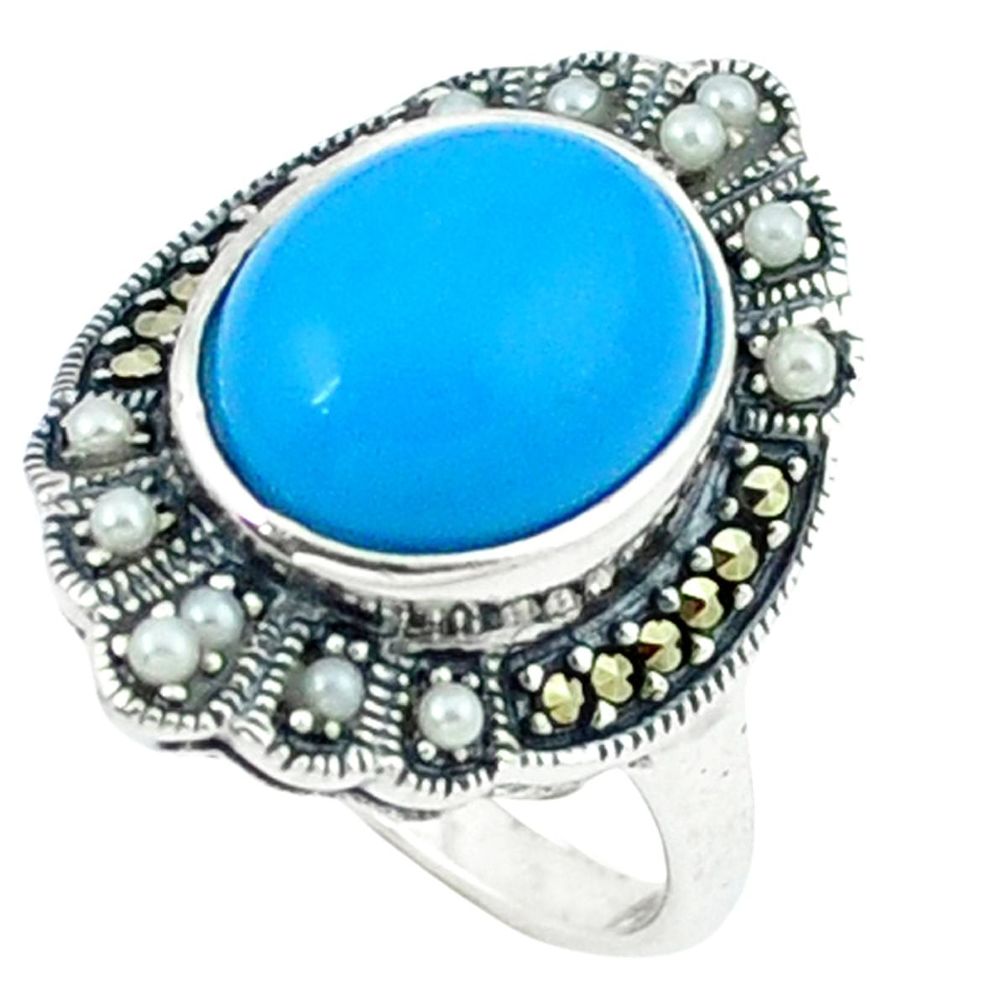 Blue sleeping beauty turquoise oval marcasite 925 silver ring size 7.5 a43850