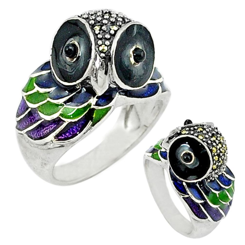 Natural black onyx marcasite enamel 925 silver owl ring jewelry size 7.5 a43866