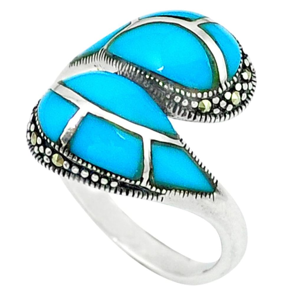 Blue sleeping beauty turquoise marcasite 925 silver ring size 7.5 a43989