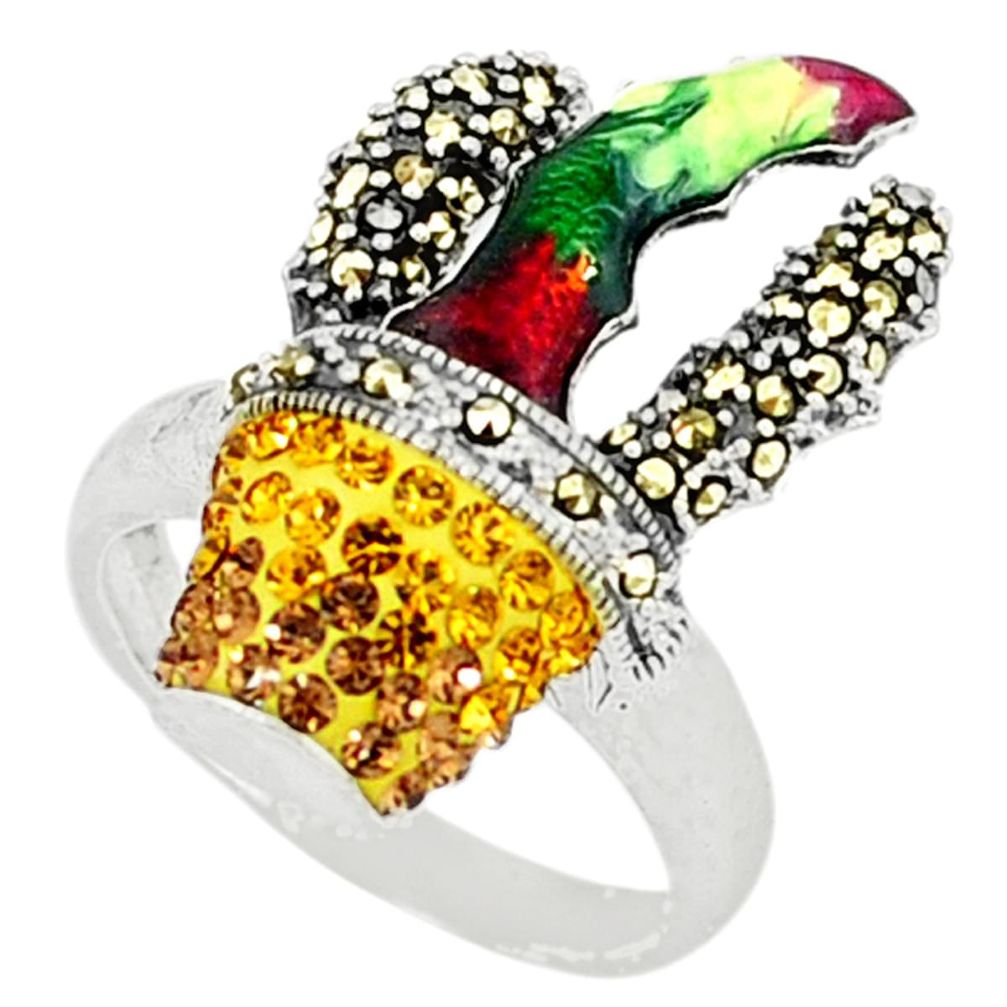 Natural yellow topaz marcasite enamel 925 sterling silver ring size 7.5 a44002